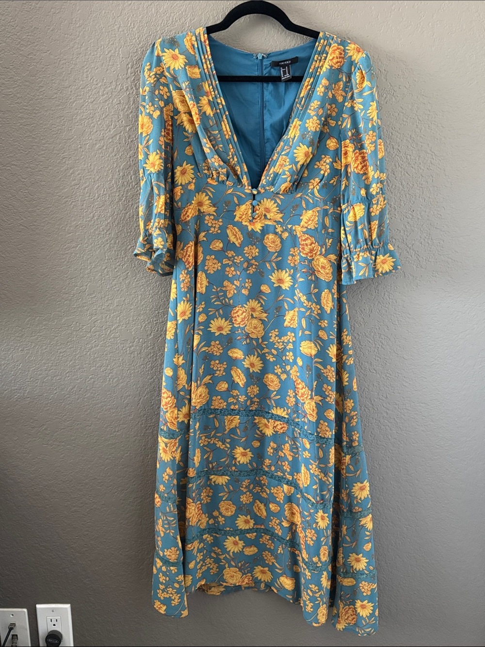 Blue & Yellow Floral V-Neck Midi Dress